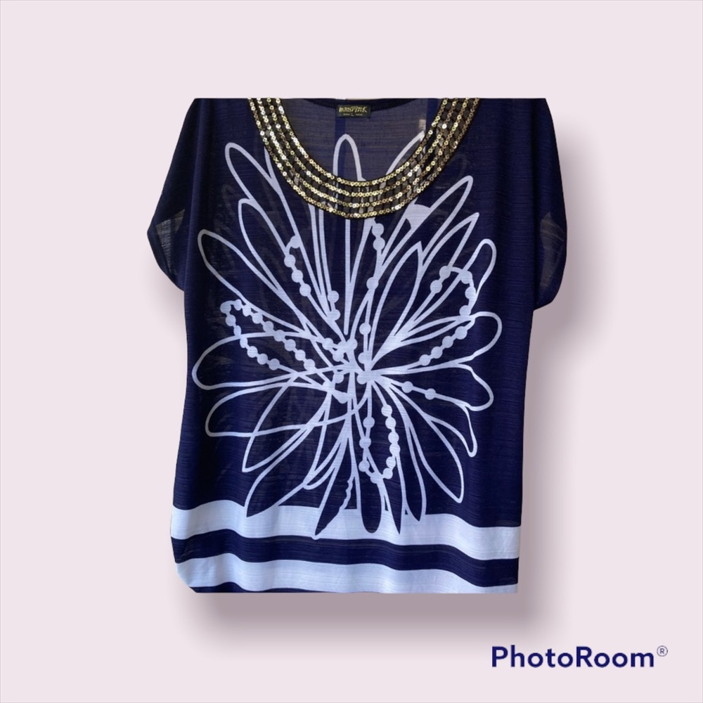 Short sleeve blue with white design and gold. Great for a summer night out.